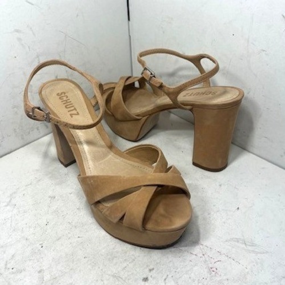 Schutz Tan Nubuck Leather Platform Block Heel Sandals Ankle Strap Womens 7.5B